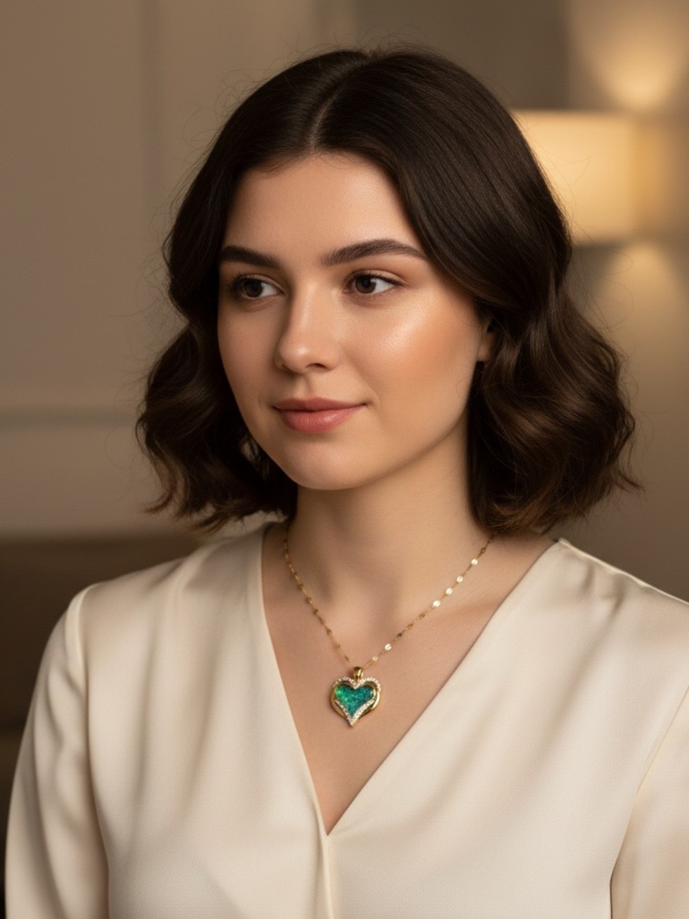 Gold Heart Pendant Necklace with Green Stone Stainless Steel